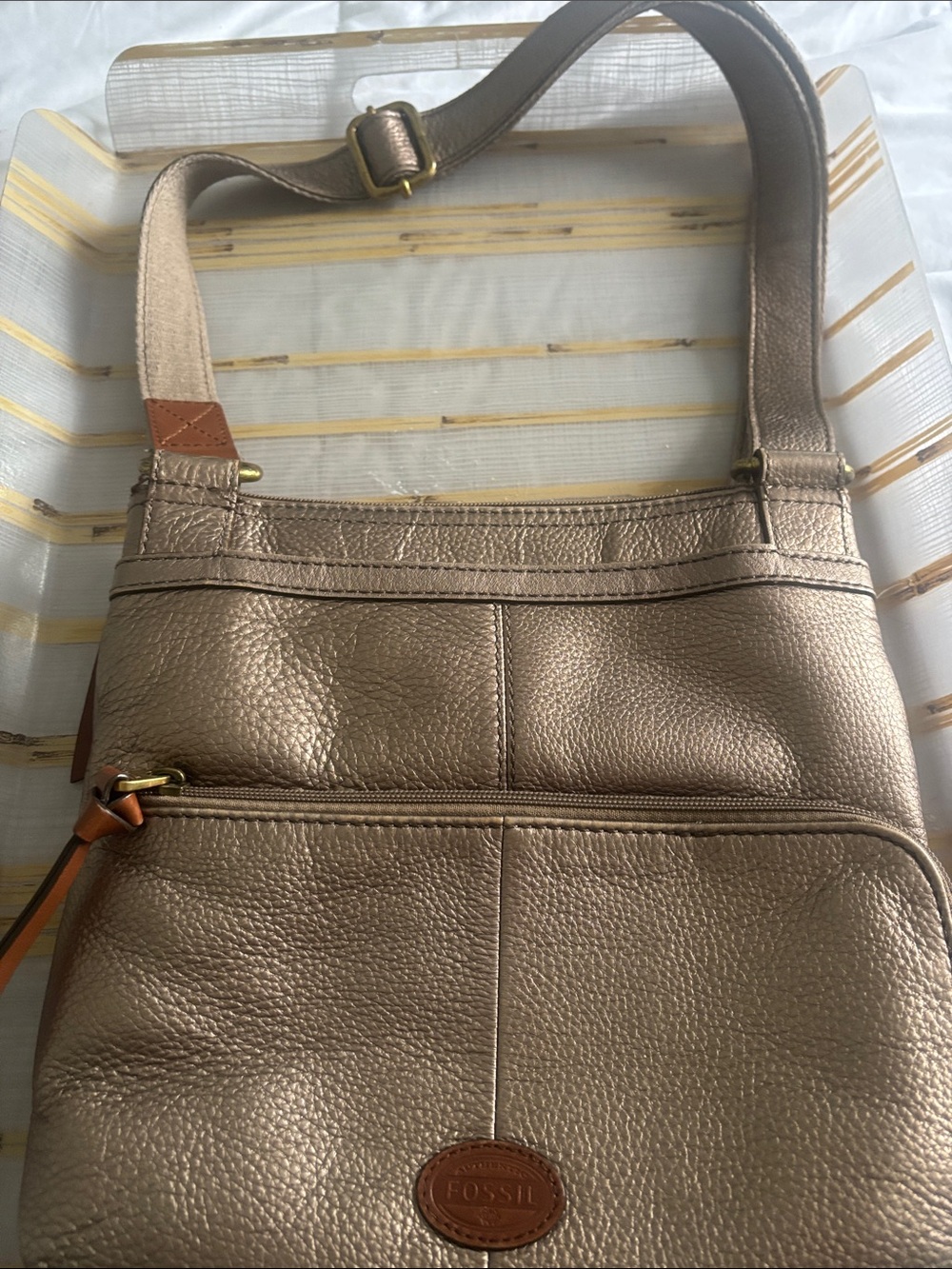 Fossil Metallic Taupe Leather Crossbody with Tan Accents